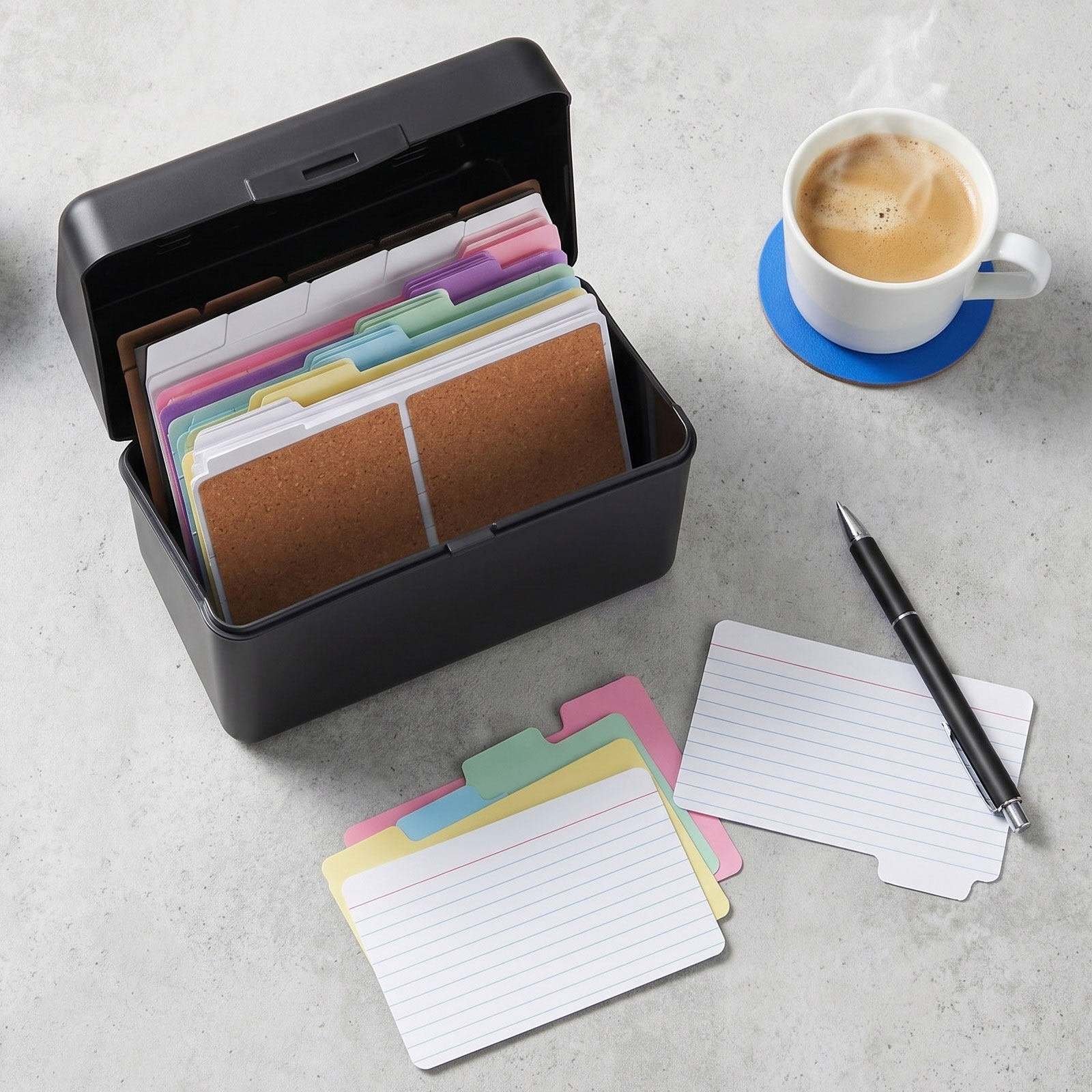 Card Index Box - 2セット デスクトップカード収納ボックス ブラック インデックスカードオーガナイザーキット カラフルな罫線入りカード メタルバインダーリング