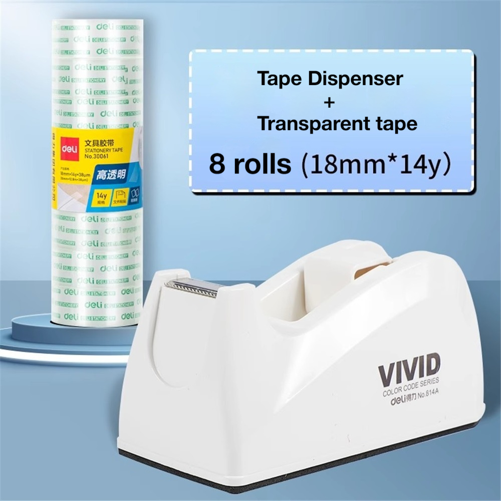 Tape Dispenser Weighted - 1パックデスクトップテープディスペンサー、8個の詰め替えロール付き、加重ベース、オフィス、学校、店舗、家庭、ビジネス用の粘着ロールホルダー