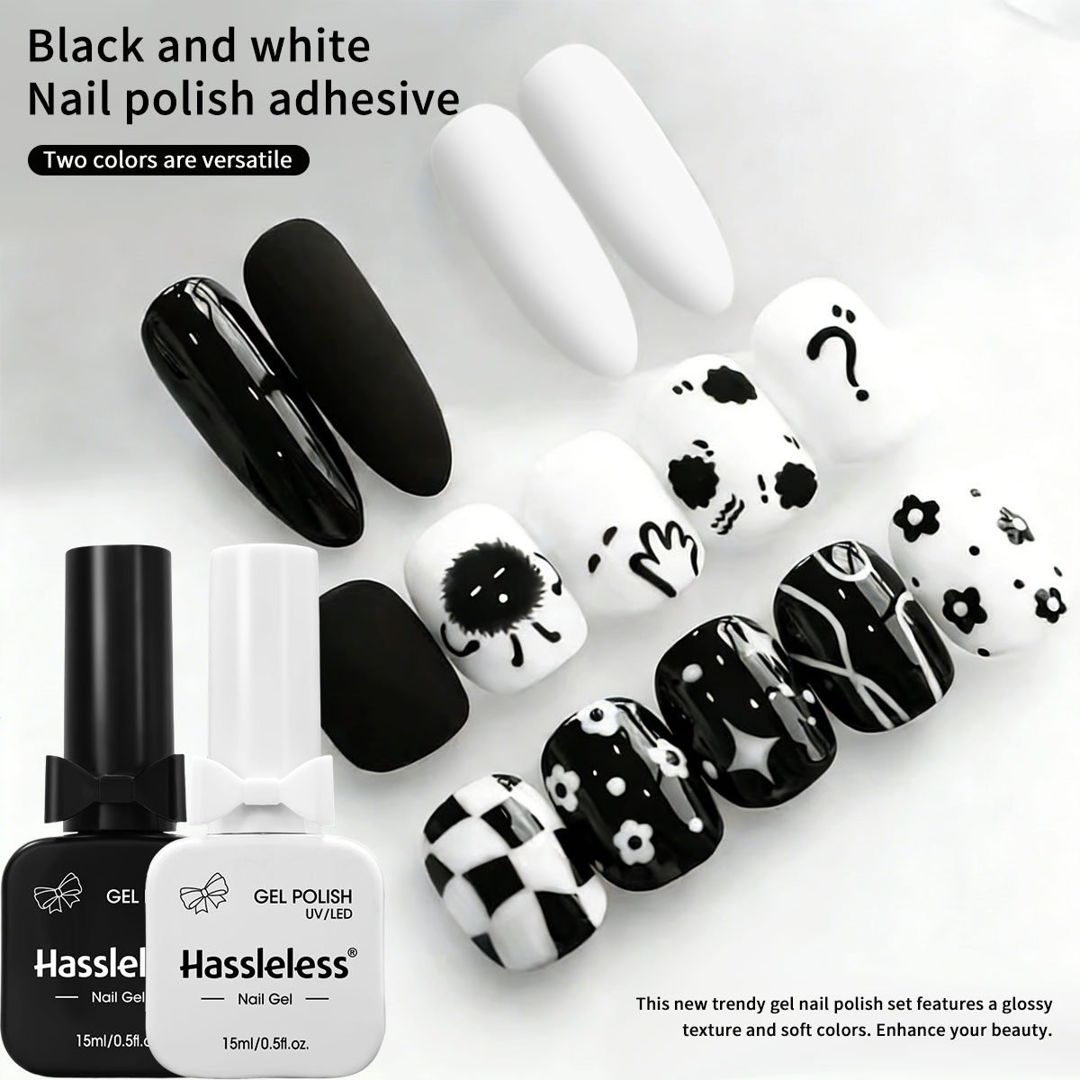 Gel Refill Pack - 手間のかからない2パックピュアホワイト+ピュアブラックジェルネイルポリッシュセット - 長持ち、高光沢/LEDランプ硬化、サロン級の仕上がりを簡単に実現