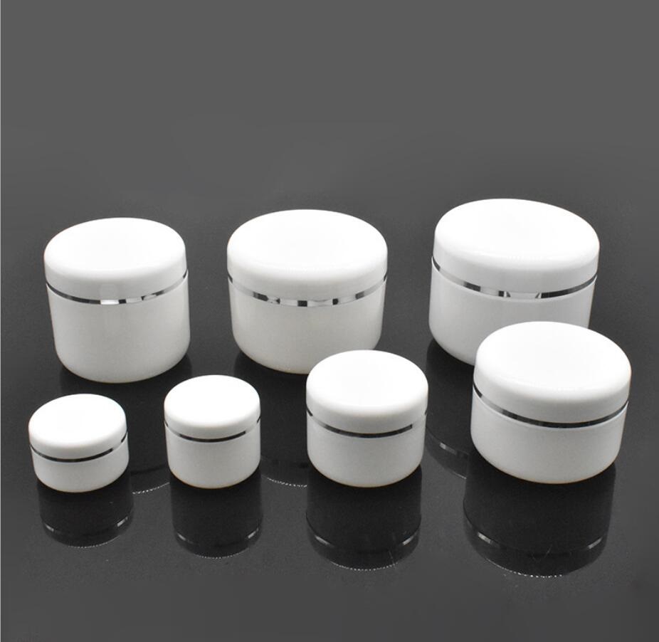 Gel Refill Pack - 50gの白いプラスチック製ボトルポットジャー、シルバーライン入り、クリーム、エッセンス、ジェル、アートネイル容器、アイセラム、スキンケア、化粧品包装用